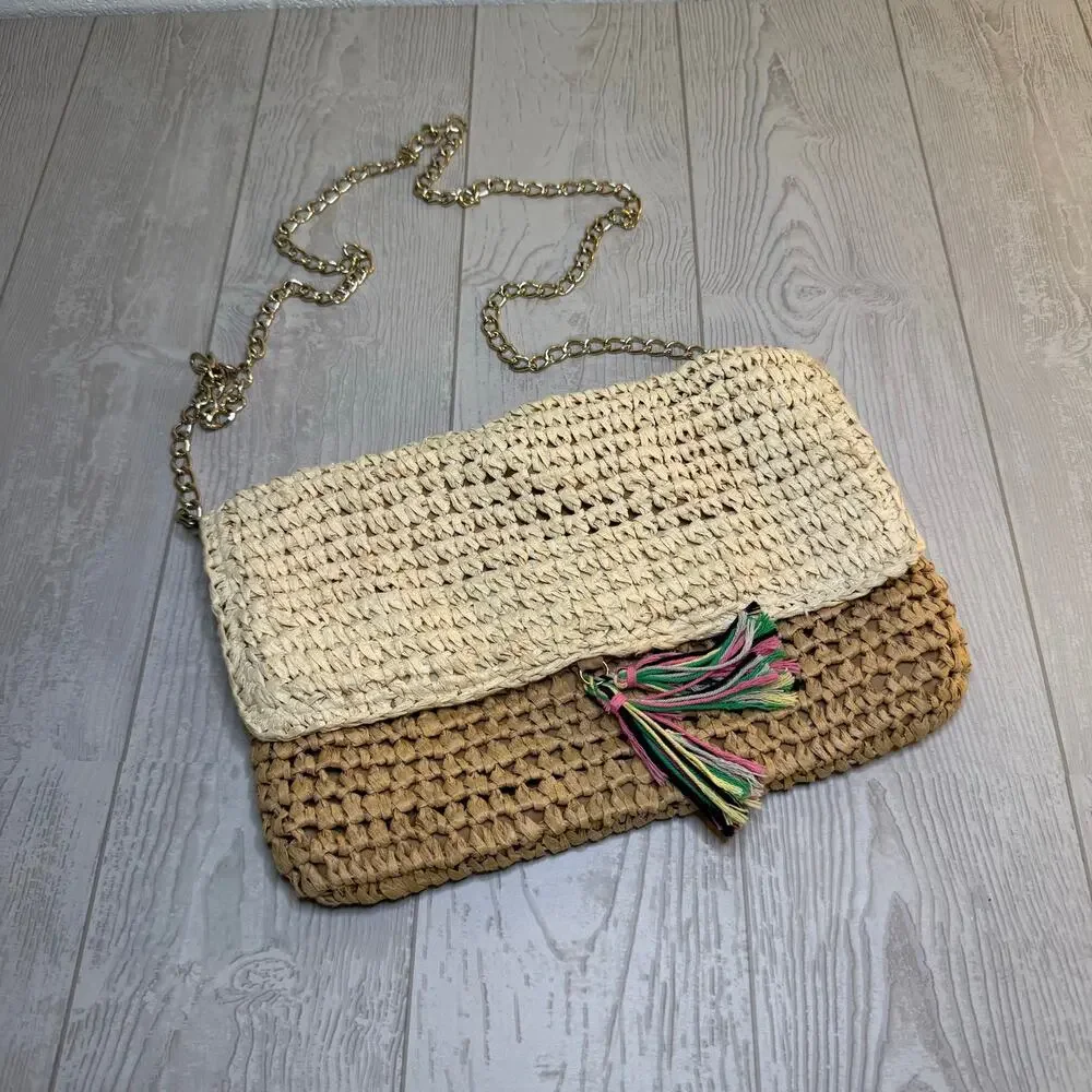 Women's Paper Straw Natural Crossbody Purse Bag With Chain Strap Summer Beach